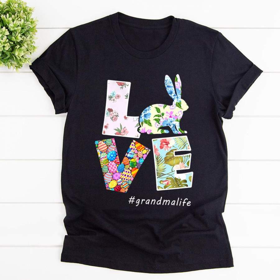 Rabbit love flowers plant easter eggs grandmalife black cotton t shirt for men and women S-6XL