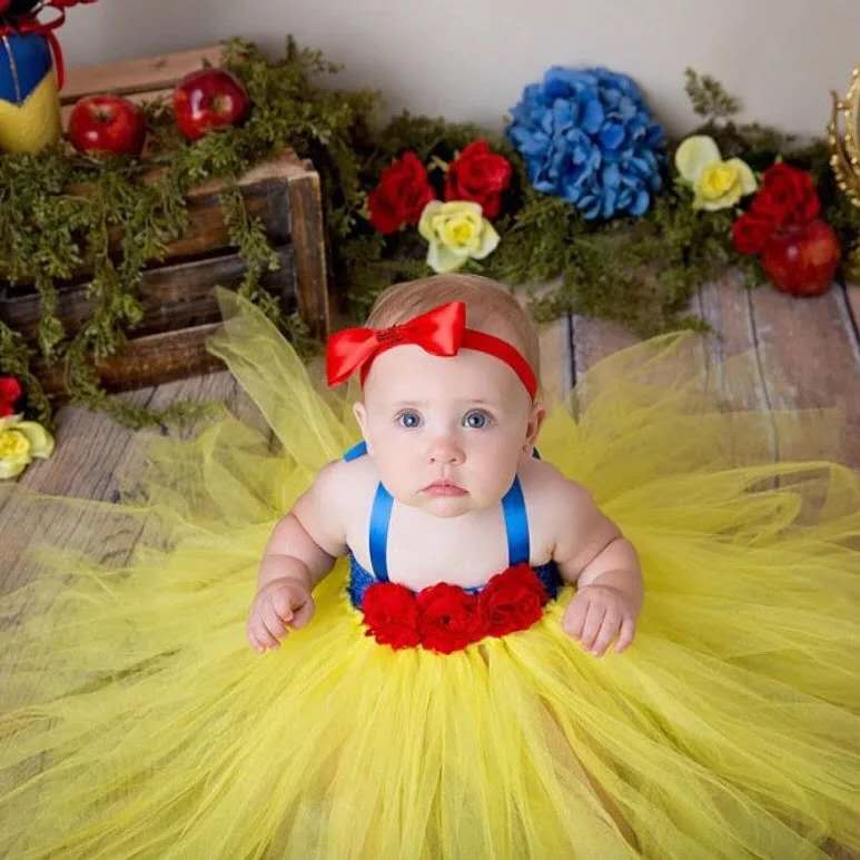 Baby Girls White Snow Flower Tutu Dress Kids Yellow Tulle Dress Ball Gown with Red Hairbow Children Birthday Party Costume Dress alx