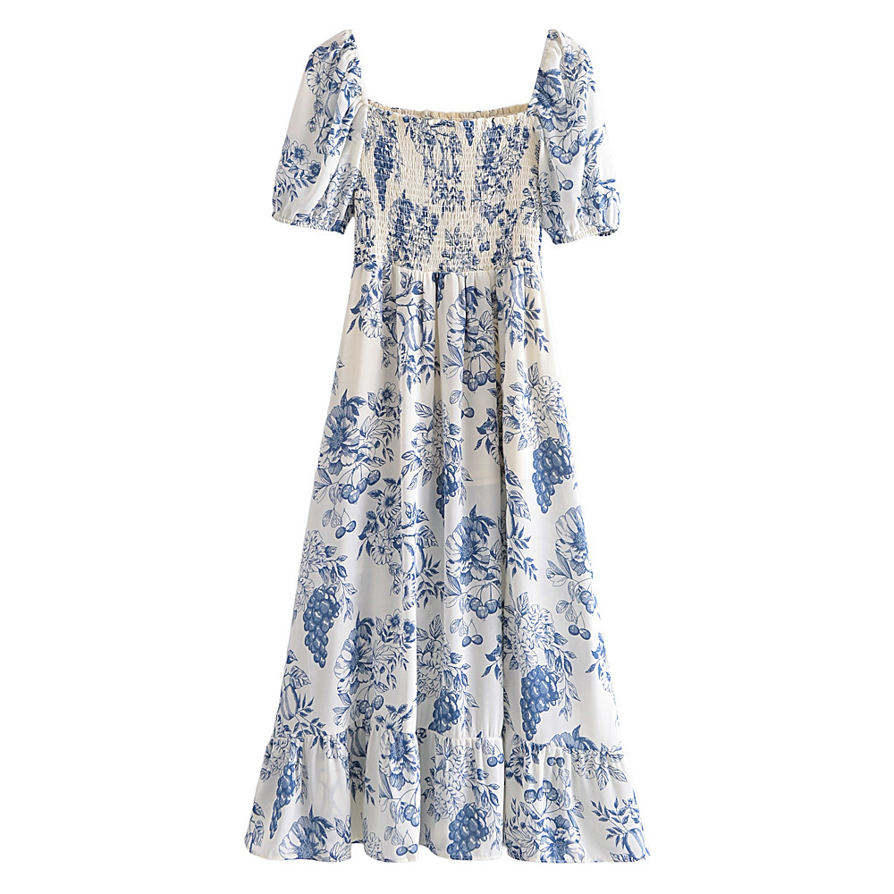 2022 Bazaleas Blue Midi Split Short Sleeve Vestidos Party Elegant Dress For Women Flora Print Women’s Dresses Summer alx