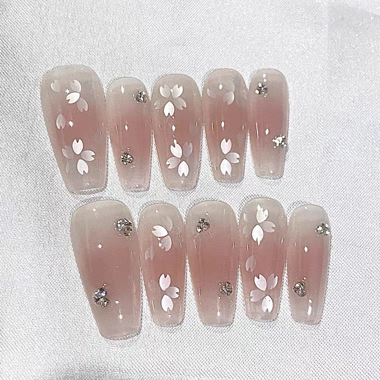 Brush white sakura  Press On Nails/ cherry blossoms/ Cute Light Pink Nails/Pink Elegant Nails/ Cute Nails/Wedding Nails/Cute Nails #114