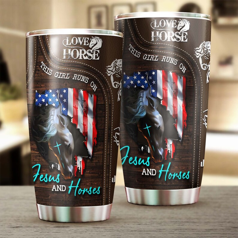 Girl Runs On Jesus And Horses American Flag Jesus Tumbler-Jesus Gift -Birthday Christmas Gift For Jesus Lover Catholic Christians