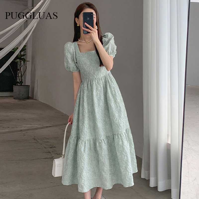 Vintage Green Dress Women French Elegant Square Collar Puff Sleeve Flower Printed Backless Midi Dress Ladies Retro Chic Korean alx