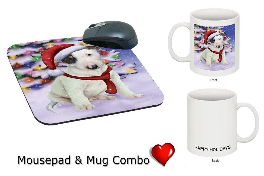 Winterland Wonderland Bull Terrier Puppy Dog In Christmas Holiday Scenic Background Mug & Mousepad Combo Gift Set