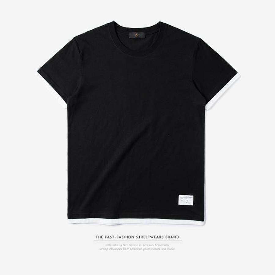 New Style Fake Two Piece T shirt Men Plain Color T-shirts Summer Style Short Sleeve Cotton