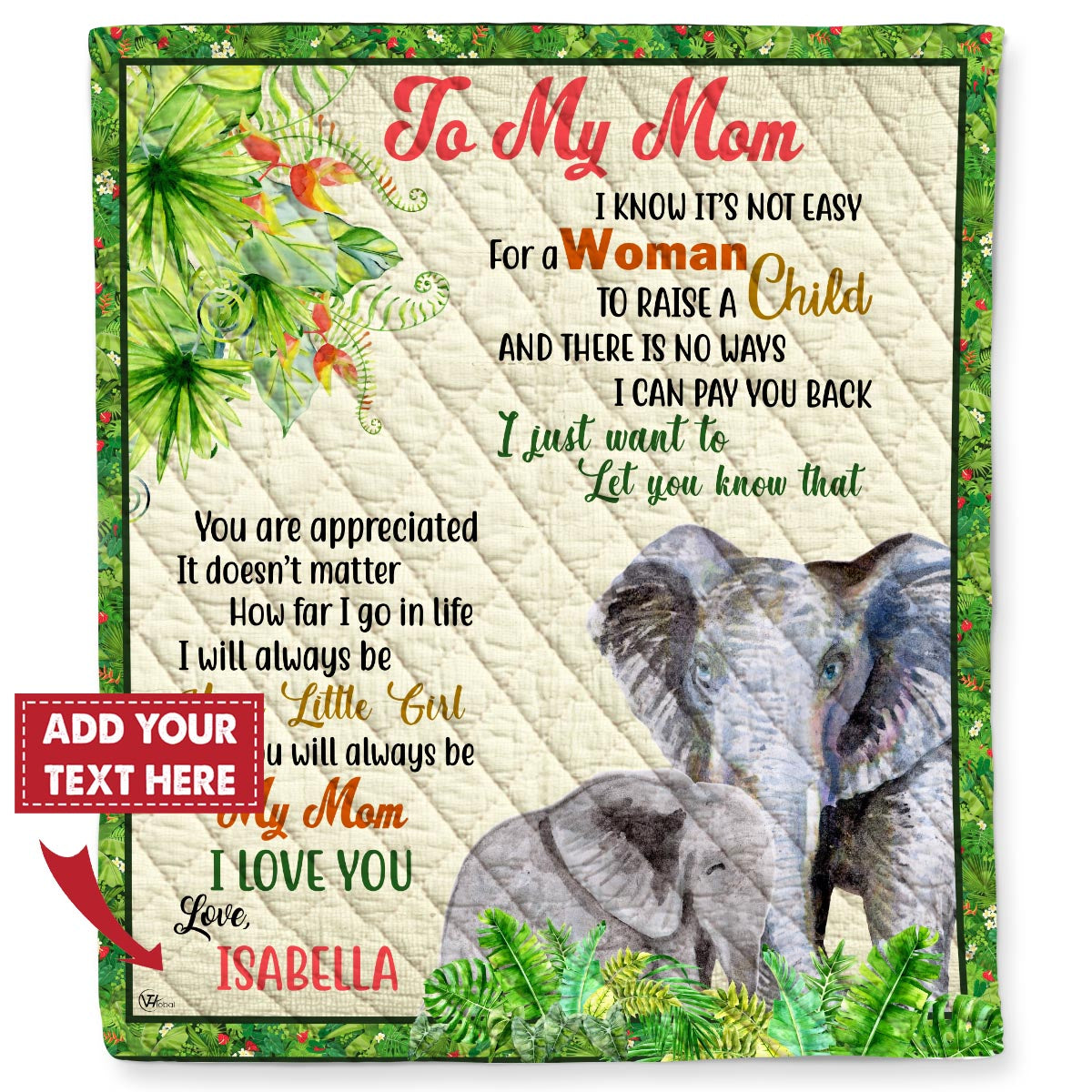 Personalized Custom Daughter Son Name To My Mom It’s Not Easy To Raise A Child Mothers Day Elephant Quilt Blanket