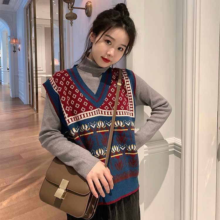 Sweaters Vest Women V-neck Japanese Style Loose Panelled Geometric Autumn Vintage Trendy Popular Jacquard Female Knitting Chic alx