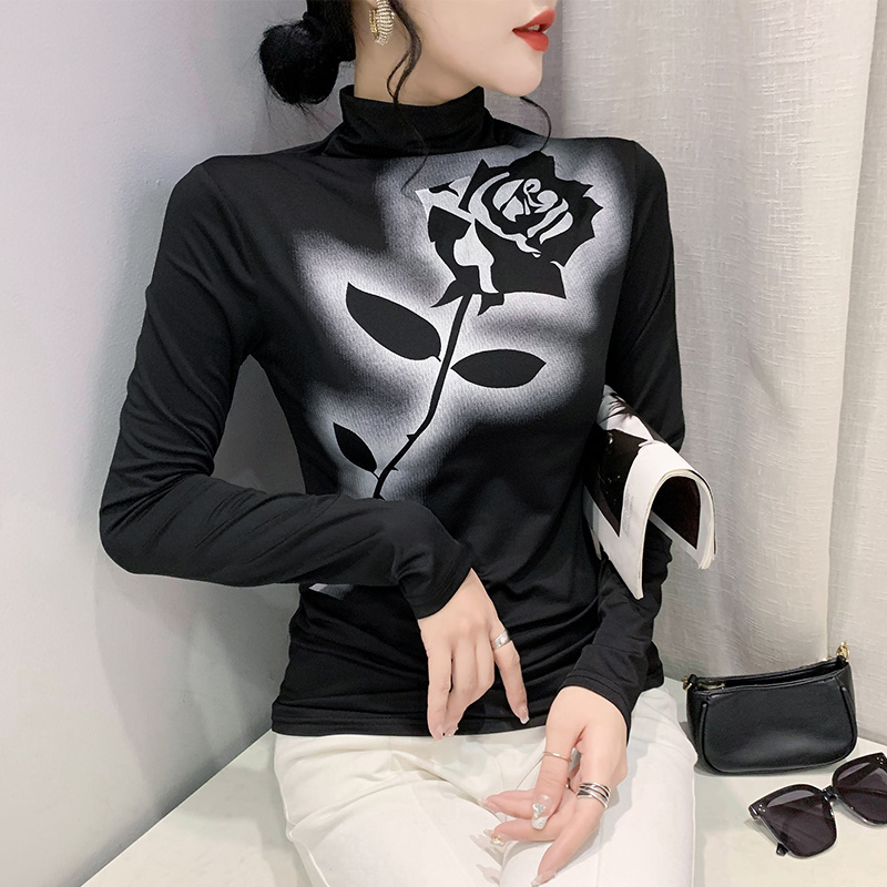 #8122 Black White Turtleneck T Shirt Women Flower Printed Tshirt Long Sleeve Tight Elastic Mesh Womens Tee Shirts Spring Autumn alx