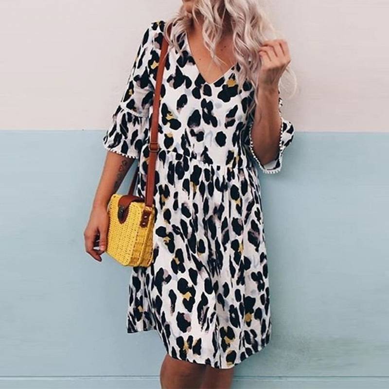 V-Neck Print Middle Sleeve Leopard Dress