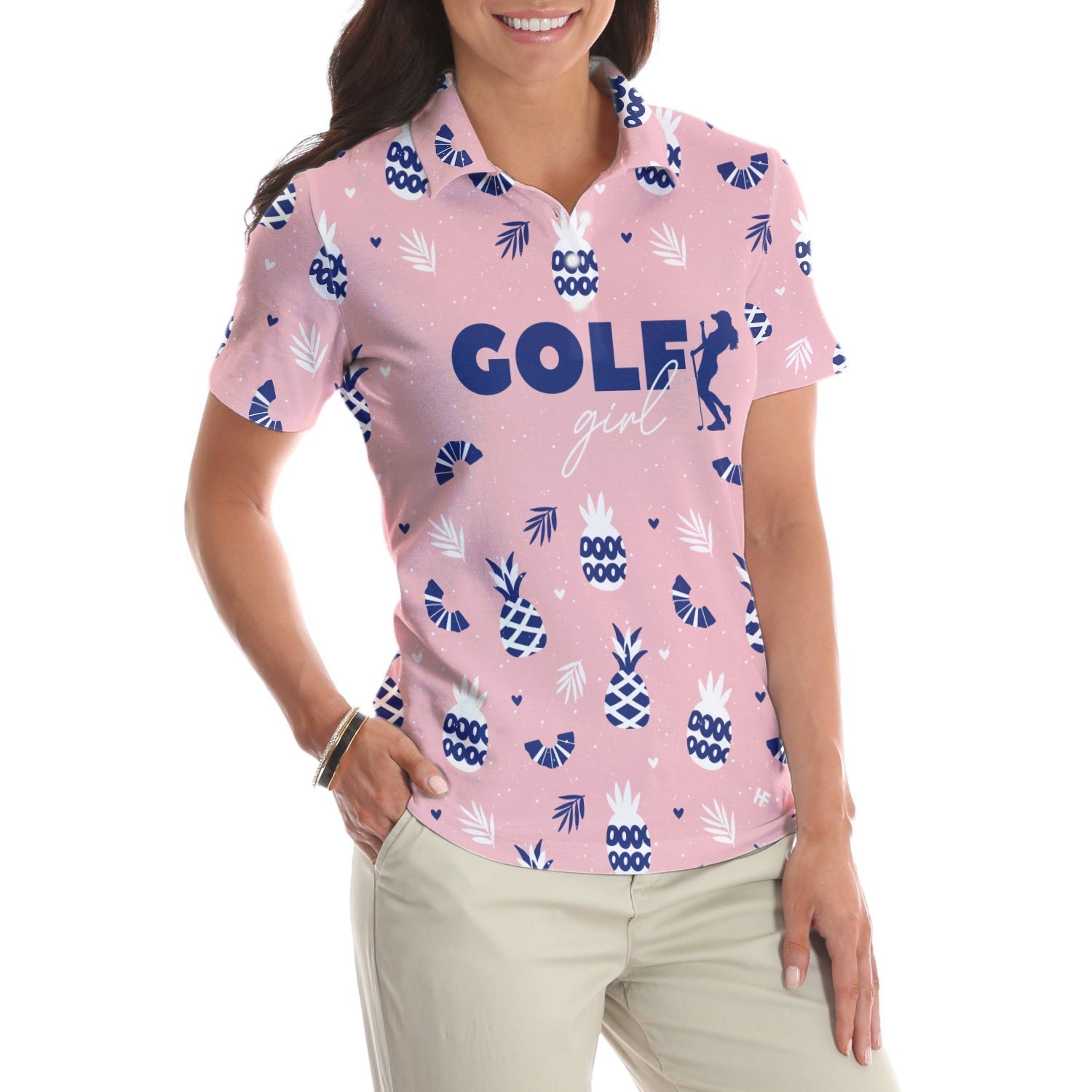 Golf Girl Summer Pattern Short Sleeve Women Polo Shirt, Pink Golf Shirt For Ladies, Unique Female Golf Gift Coolspod