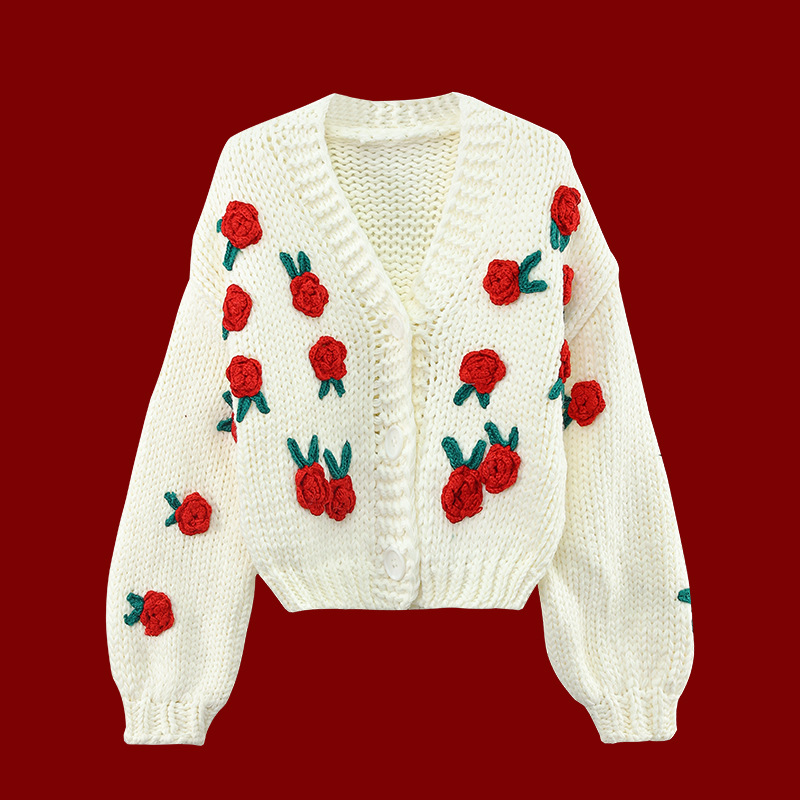 Autumn and Winter 2022 New Handmade Three Dimensional Rose Coarse Knitted Cardigan Sweater Women Vintage Long Sleeve Short Coat alx