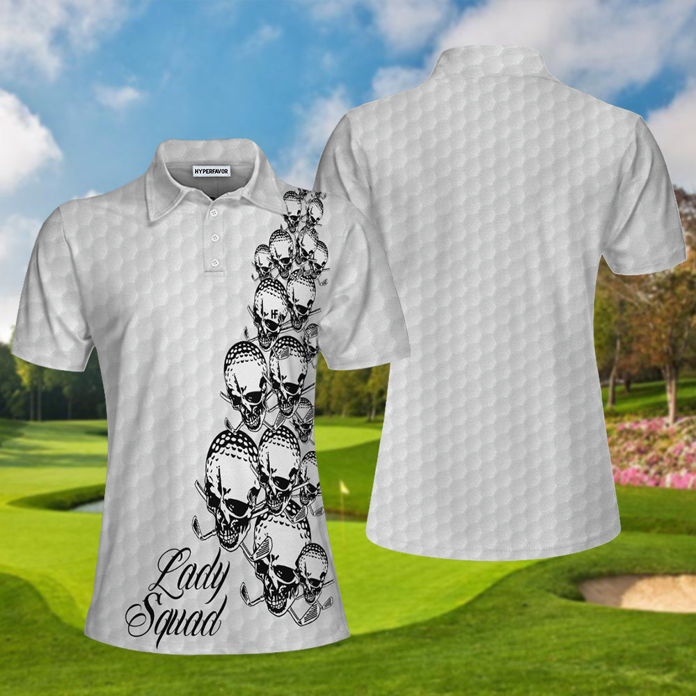 Golf Ball Texture With Skull Golf Short Sleeve Women Polo Shirt, Black And White Skull Golf Shirt For Ladies Coolspod