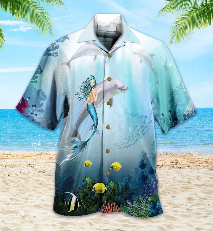 Mermaid Dolphin Blue Ocean Colorful Hawaiian Shirt 3D