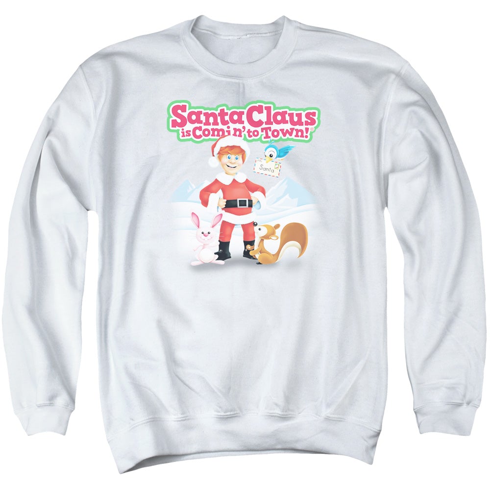 Santa Claus Is Comin To Town Animal Friends Mens Crewneck Sweatshirt White