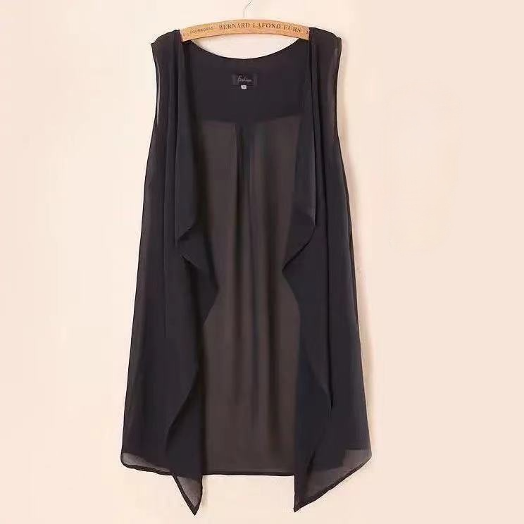 Chiffon Vests Women Holiday Street Solid Black Sweet Thin Summer All-match Fairy Outerwear Sexy Long Draped Open Stitch Vintage alx