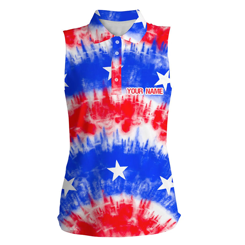 Red, White And Blue Tie Dye American Flag Womens Sleeveless Polo Shirts Custom Team Golf Shirts Ladies