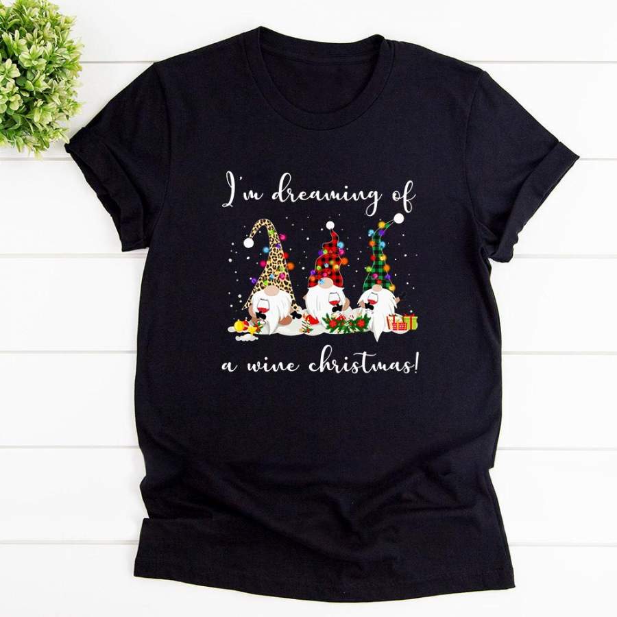 Wine i’m dreaming of a wine christmas leopard red plaid gifts christmas black cotton t shirt for men and women S-6XL