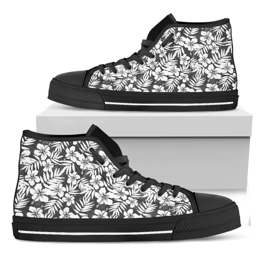 White And Grey Hawaiian Pattern Print Black High Top Shoes