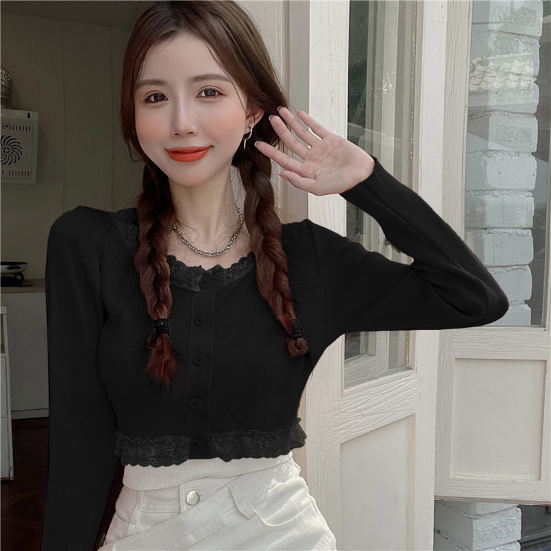 2022 New Korean Version Fashion Long-sleeved Thin Sweater Women Sweet Cute Japanese Kawaii Lace Single-breasted Short Top alx