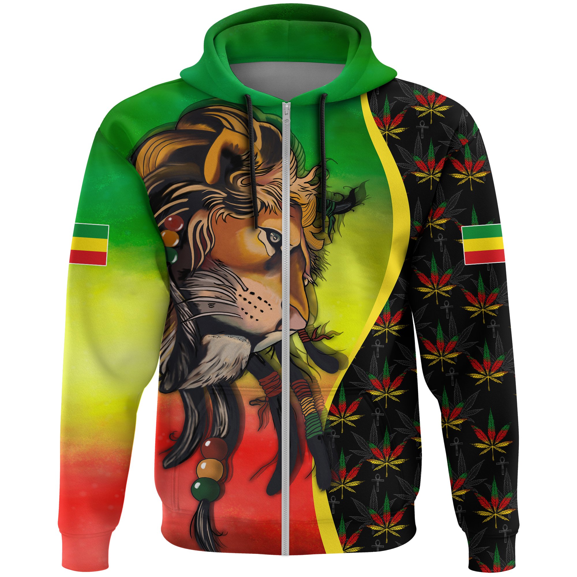 1stTheWorld Ethiopia Hoodie Zip, Ethiopia Lion Face Rasta Pattern A10