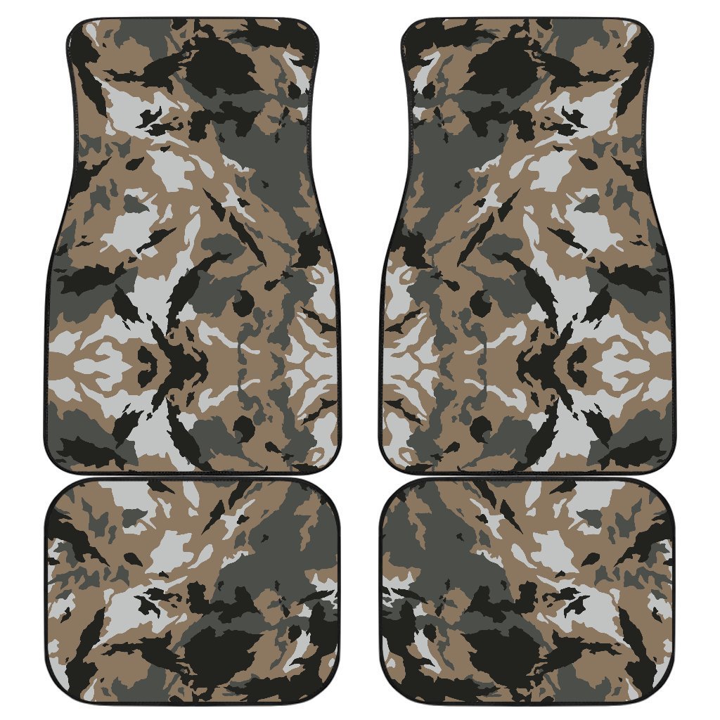 Brown And Black Camouflage Print Front And Back Car Floor Mats, Front Car Mat