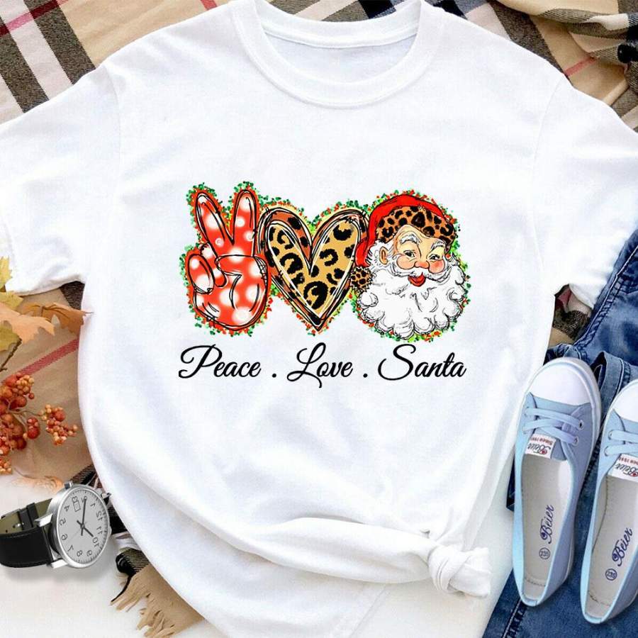 Christmas peace love santa happy funny time leopard awesome gift merry xmas white cotton t shirt for men and women S-6XL