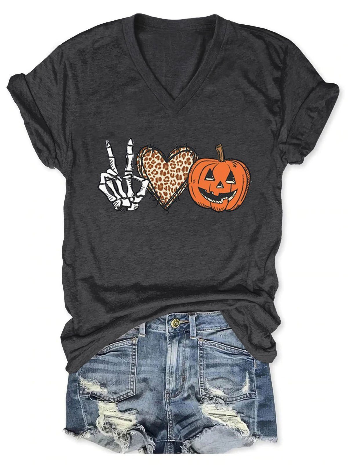 Women’S Leopard Peace Love Halloween V-Neck T-Shirt