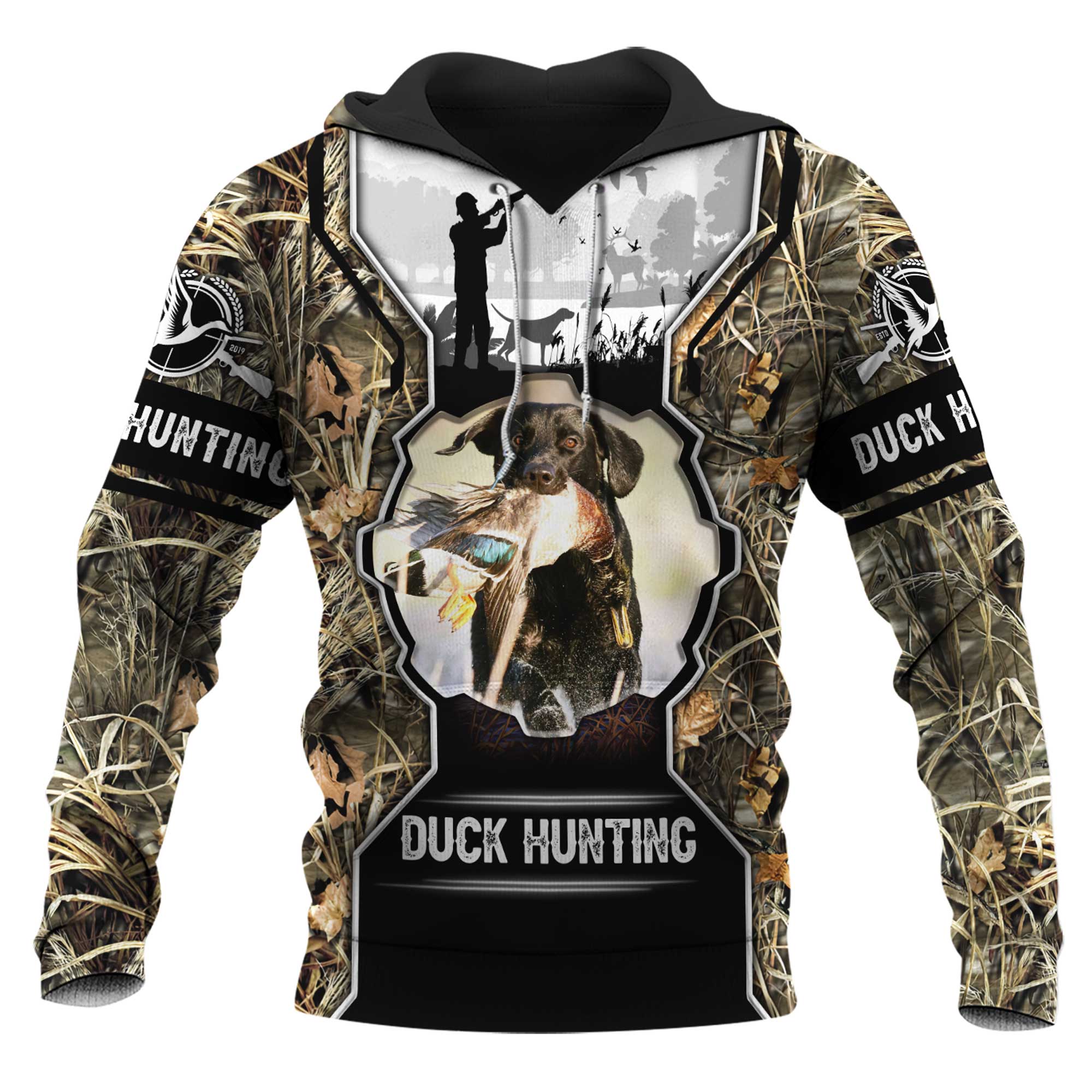 ViticStore™ Duck Hunting With Labrador Retriever Buddy 3D- Grey & Brown Shade All Over Printed XXL Hoodie