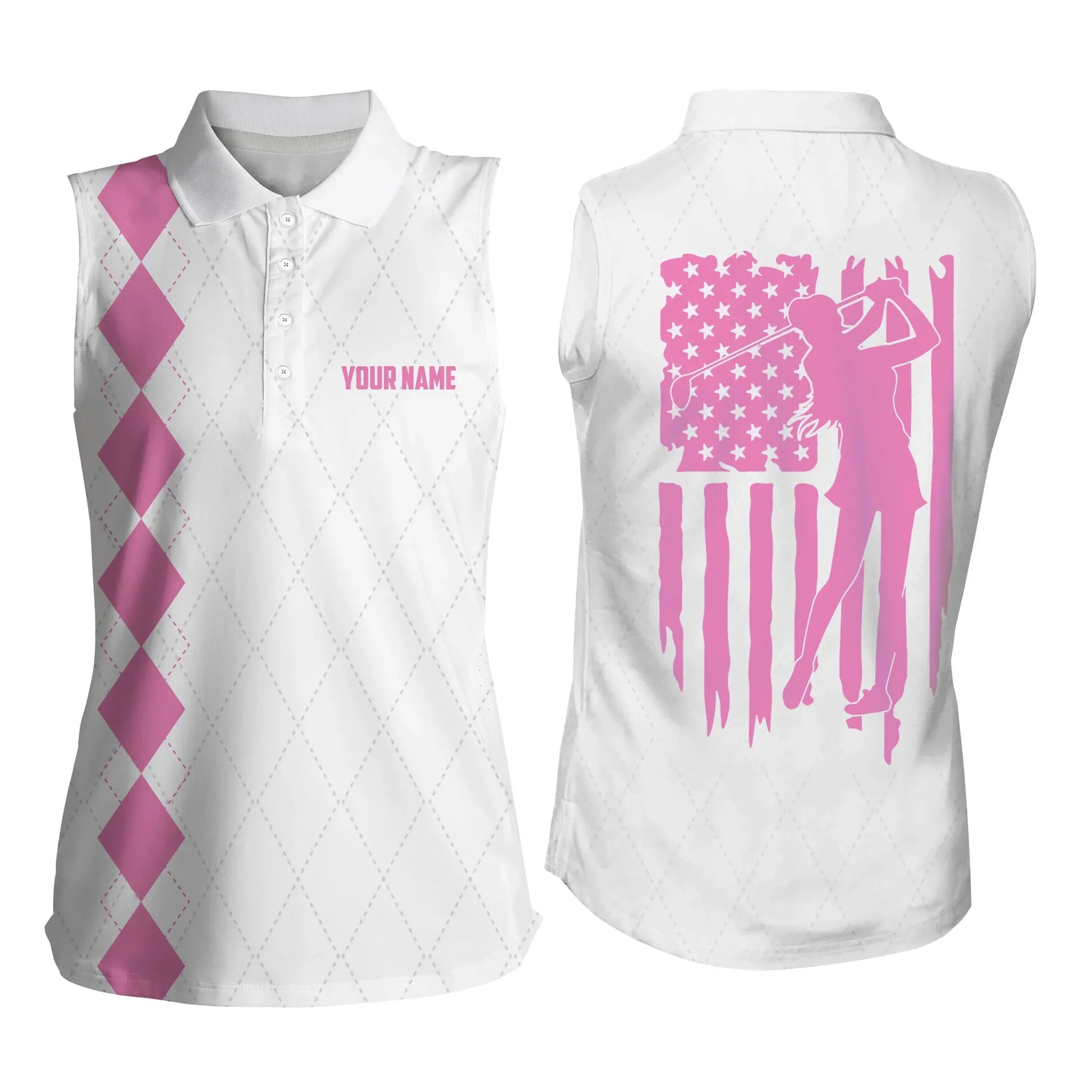 Womens Sleeveless Polo Shirt Pink American Flag Patriotic Golf Shirts Custom Name Golf Gifts