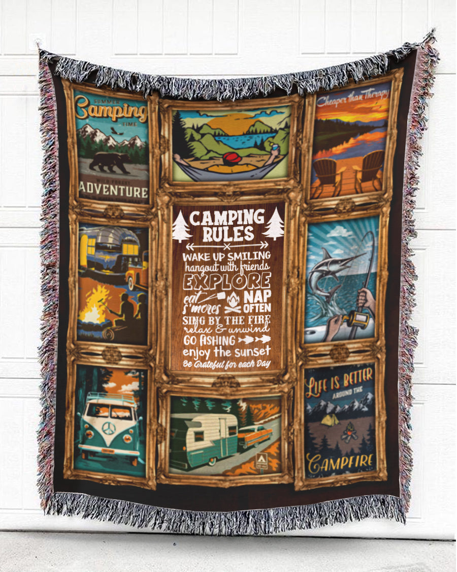 Woven Throw For Campers Camping Gift, C.A.M.P.I.N.G Rules, Cotton Blanket