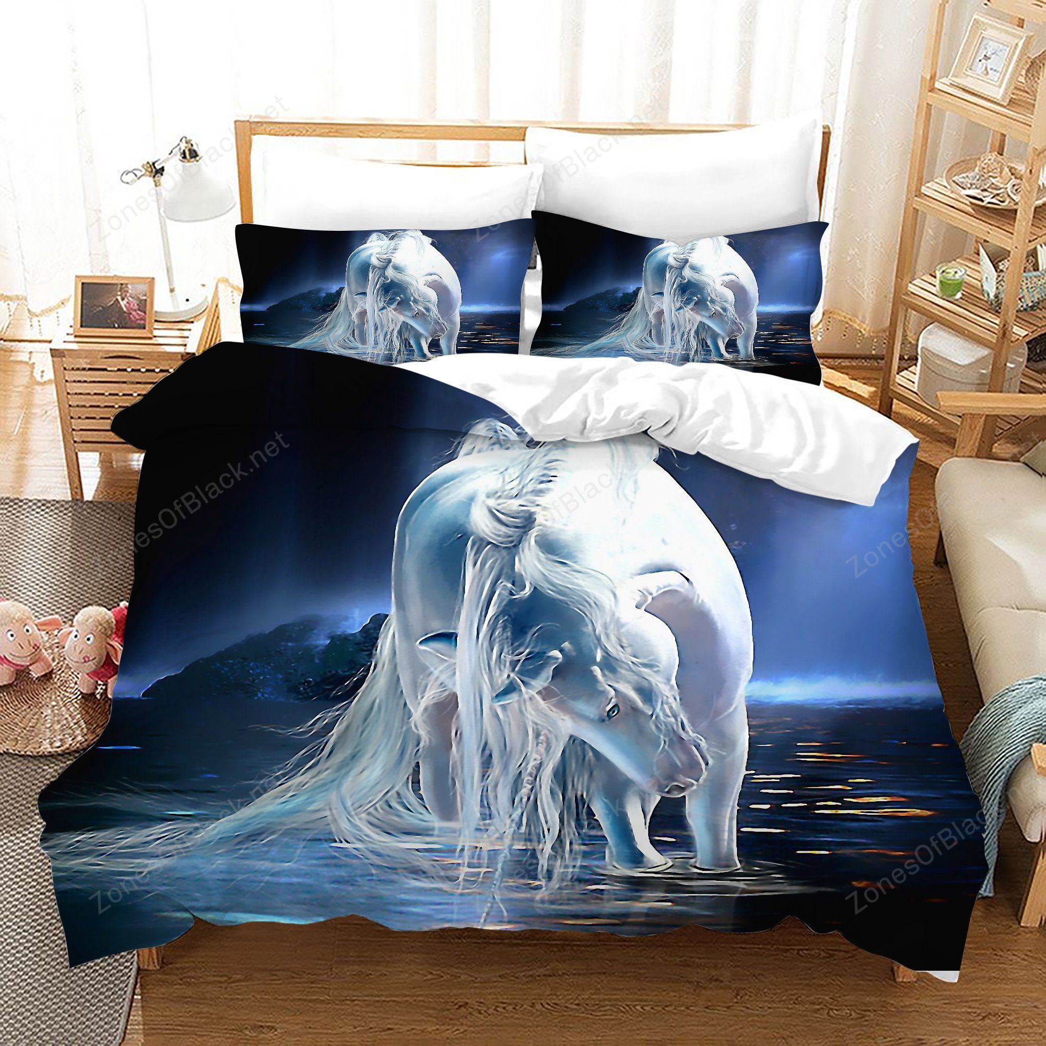 3D Black Sea White Unicorn Bedding Set Bedroom Decor