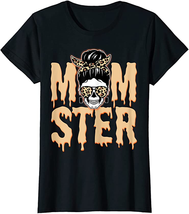 Womens Momster Skull Mom Monster Orange Leopard Halloween Momster T-Shirt