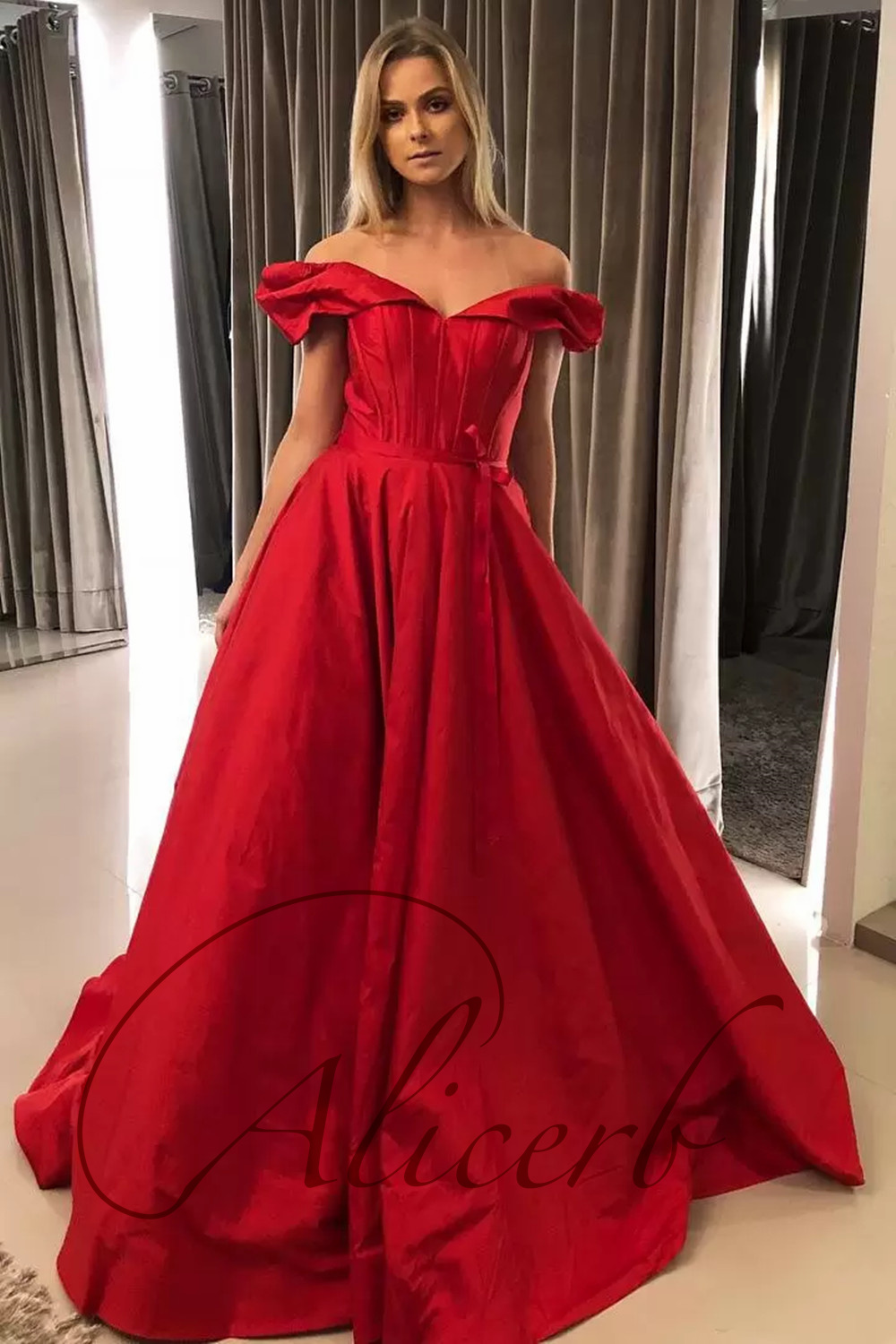 2022 Alicerb Princess Off The Shoulder Prom Dresses A Line Evening Satin Sweep Train Red Gowns Vestidos De Gala فساتين السهرة alx