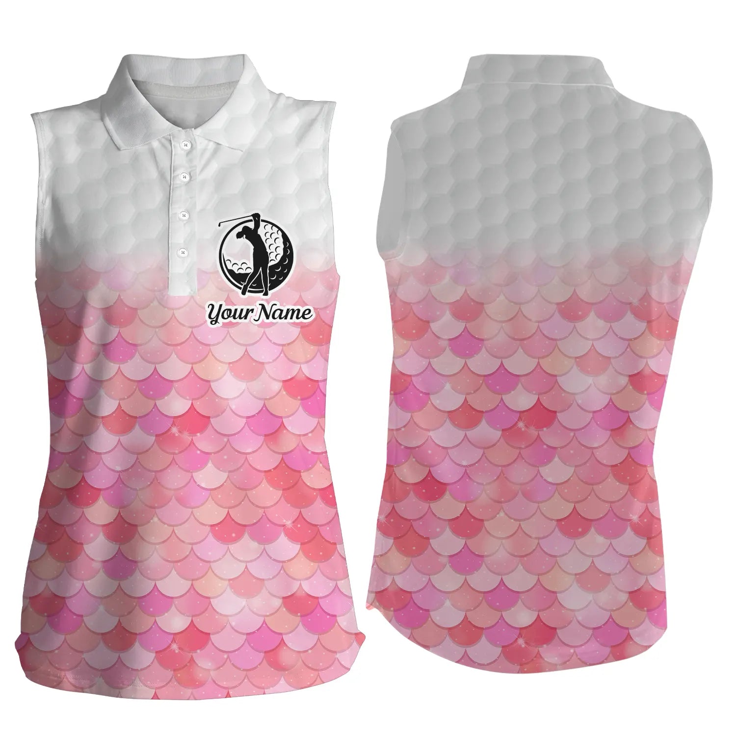 Womens Sleeveless Polo Shirt Pink Mermaid Scales Custom Name Pattern Golf Shirts