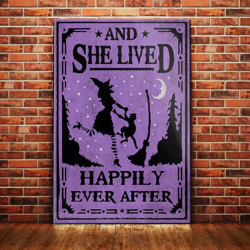 Black Cat Witch Canvas And Poster She Lived Happily Ever After | Art Print | Home Decor | Room Decor | Wall Art