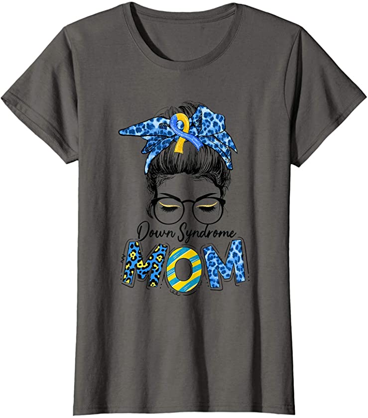 Womens Messy Bun Leopard Blue Yellow Ribbon Down Syndrome Mom Gifts T-Shirt