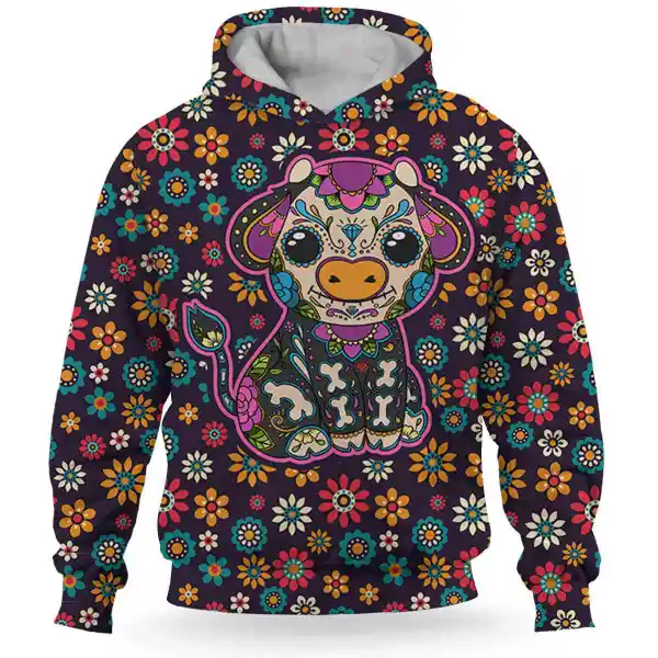 Cow Sugar Skull With Colorful Flower Pattern 3D Hoodie, Christmas Shirt, Christmas Gift