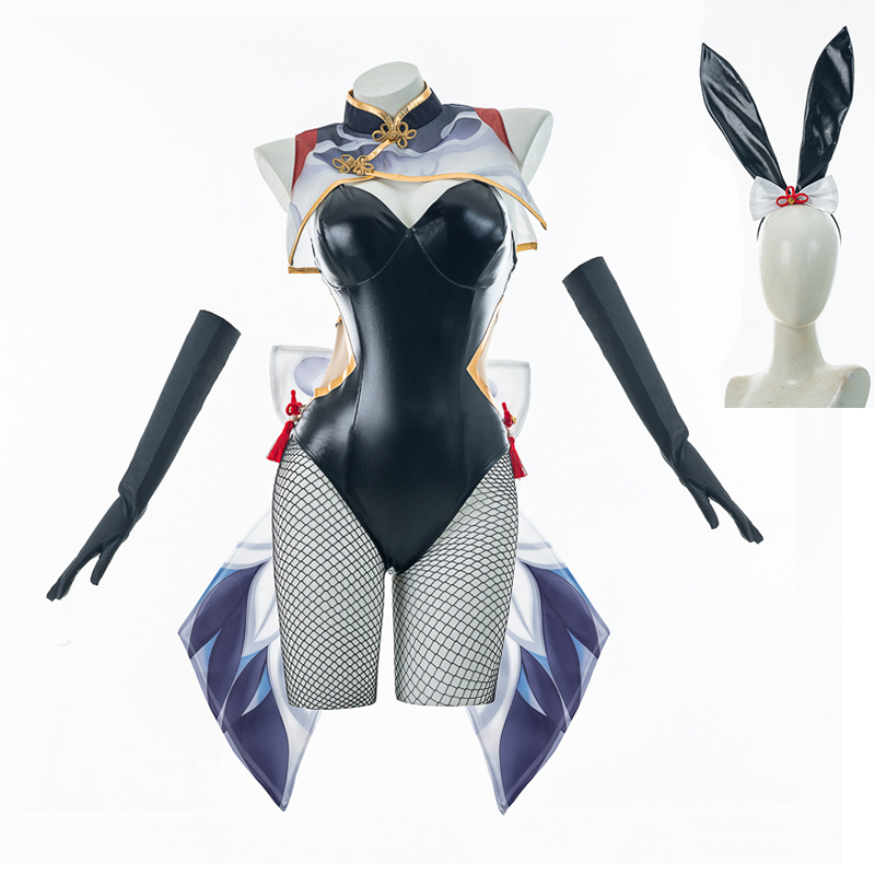 ROLECOS Game Genshin Impact Shenhe Cosplay Costume Women Sexy Bunny Girl Suit Leather Jumpsuit Shenhe Bunny Suit Halloween alx