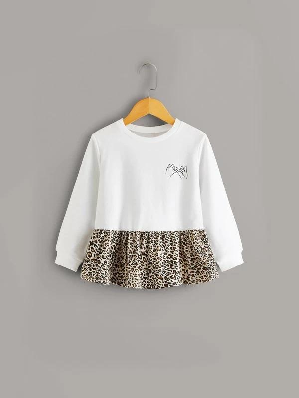 Toddler Girls Contrast Leopard Hem Gesture Print Sweatshirt