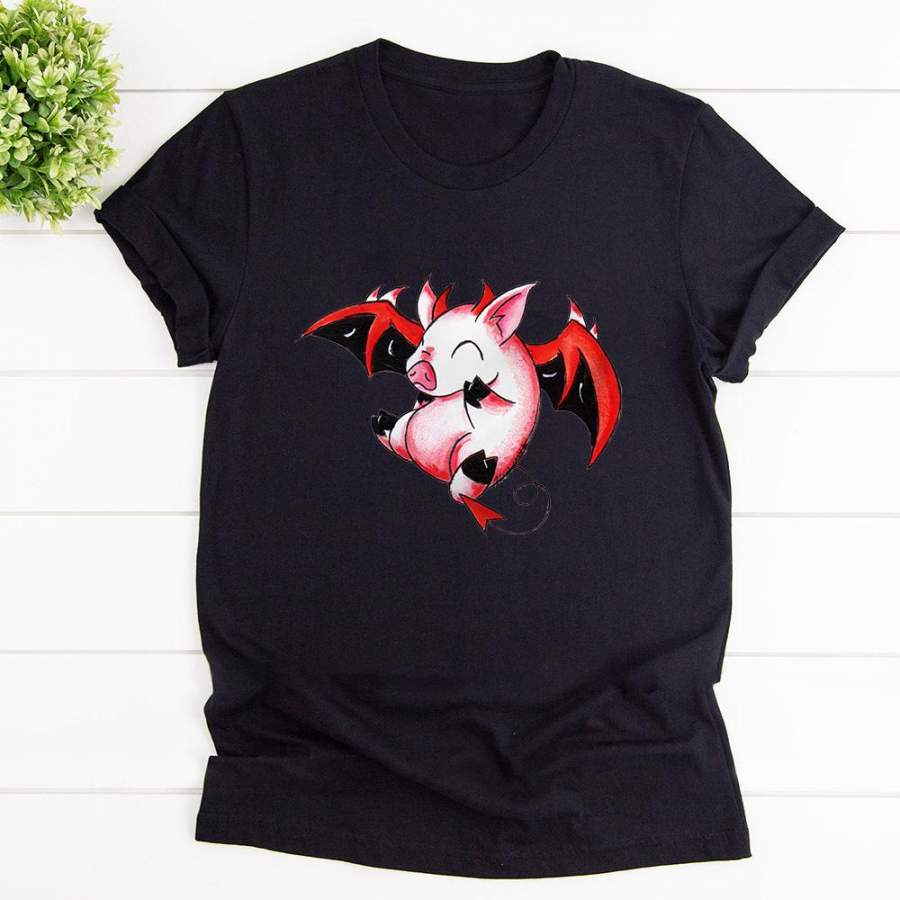 Valentines devil piggy cute lovely pig animal lovers great gift black cotton t shirt for men and women S-6XL