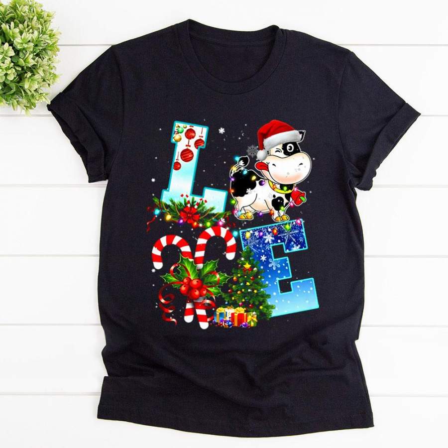 Cute cow love christmas candy cane lovers xmas tree gift ornament light funny happy time black cotton t shirt for men and women S-6XL