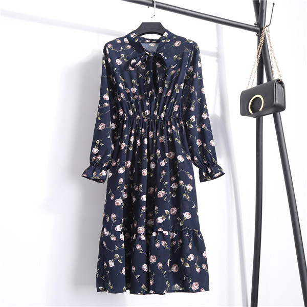 2021 Summer Floral And Dot Print Women’s Stand Neck Dresses Long Sleeve Cute Chiffon Dress Fashion Long Sleeve Female Dresses alx