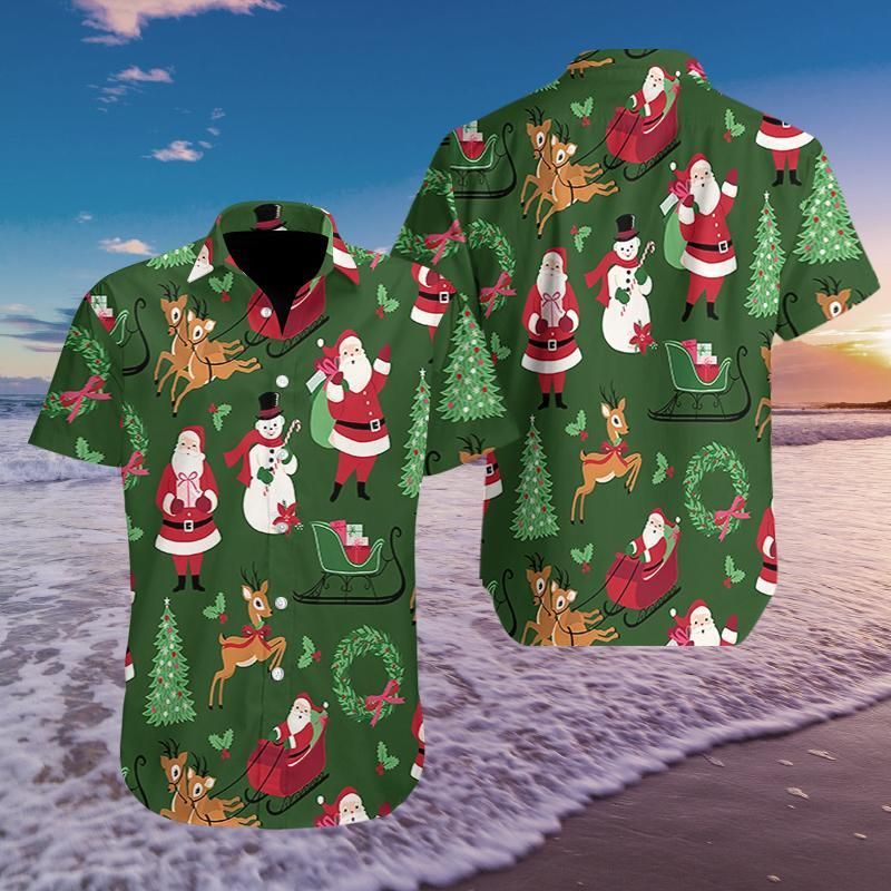 Get Here Merry Christmas Santa Snowman Reindeer Pattern Hawaii Aloha Shirts Ha108874