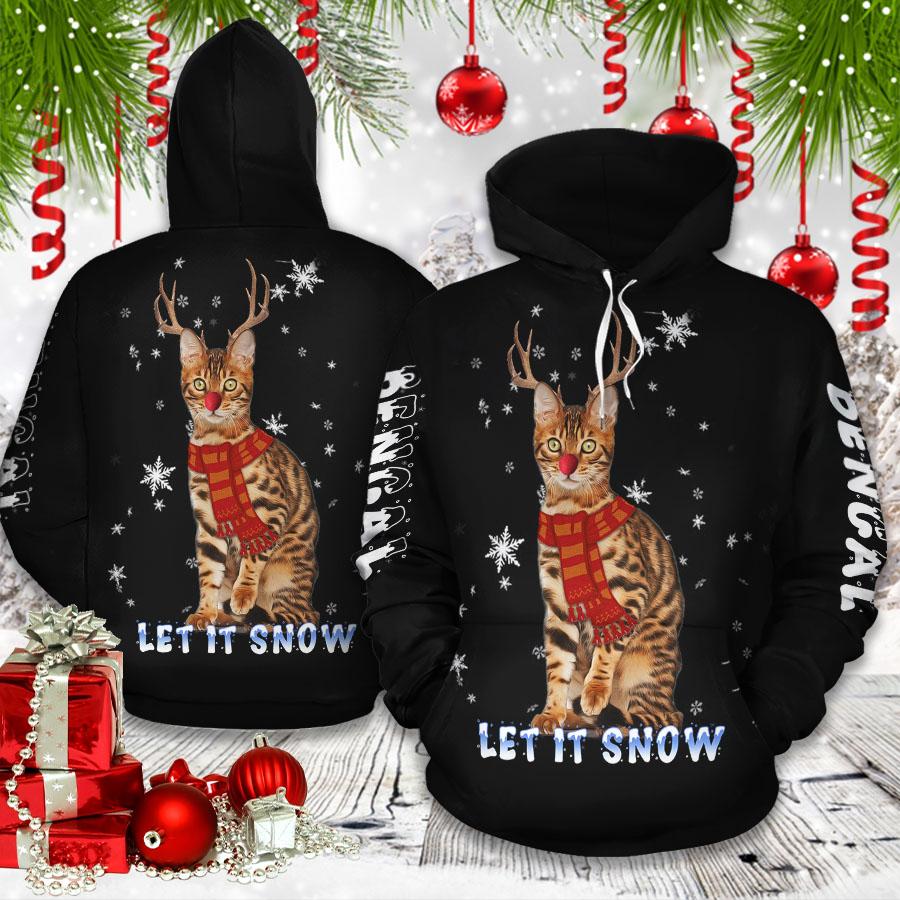 Bengal Cat Reindeer Let It Snow Christmas 3D Design Hoodie Sweatshirt Jacket T-Shirt