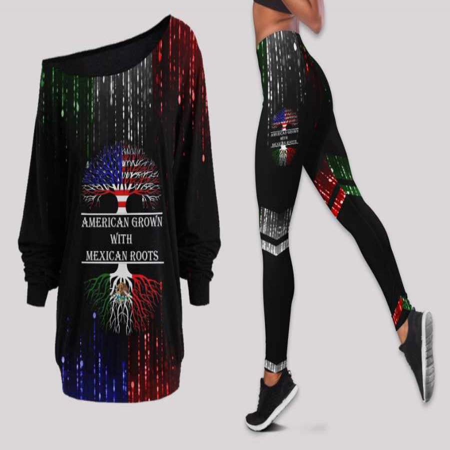 American Grown With Mexican Roots Off Shoulder Long Sleeves Top and Leggings Set