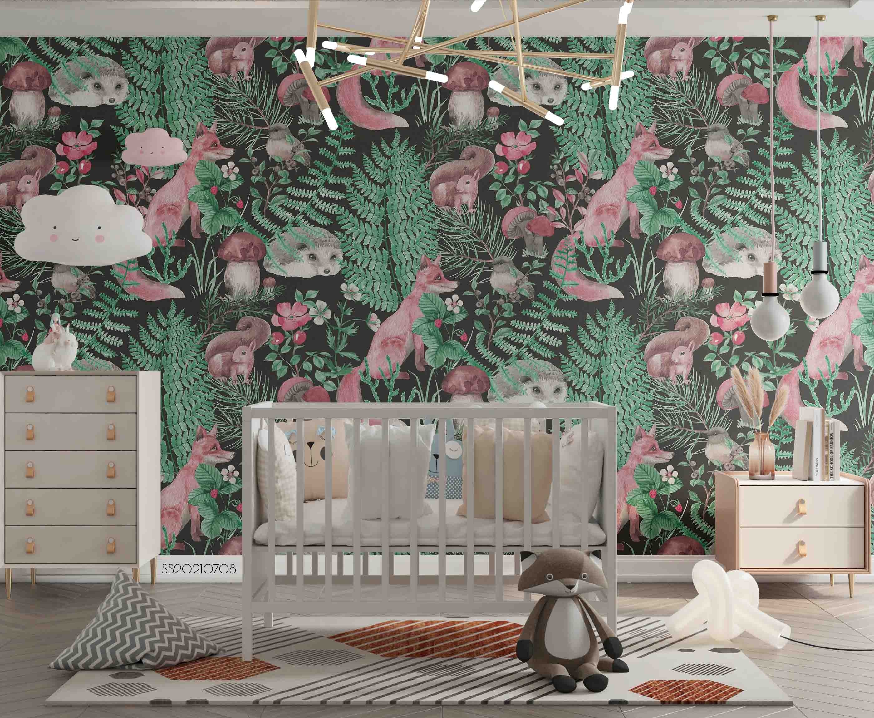 3D Hand Drawn Forest Leaf Animal Floral Squirrel Hedgehog Wall Mural Wallpaper Lqh 110