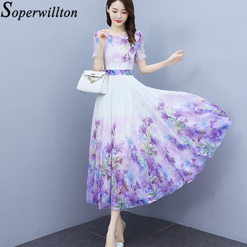 2022 New Fashion Chiffon O-Neck Elegant Floral Print Casual Short Sleeve 3XL Gentle Soft Beach Slim Women’s Dress Midi Dresses alx