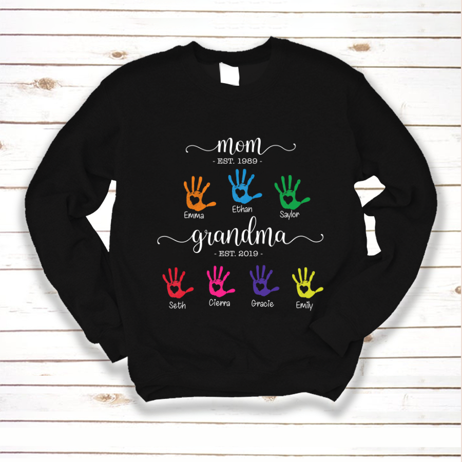 Personalized Grandma With Custom Kid Names, Kids Hands Mom And Grandma Sweatshirt