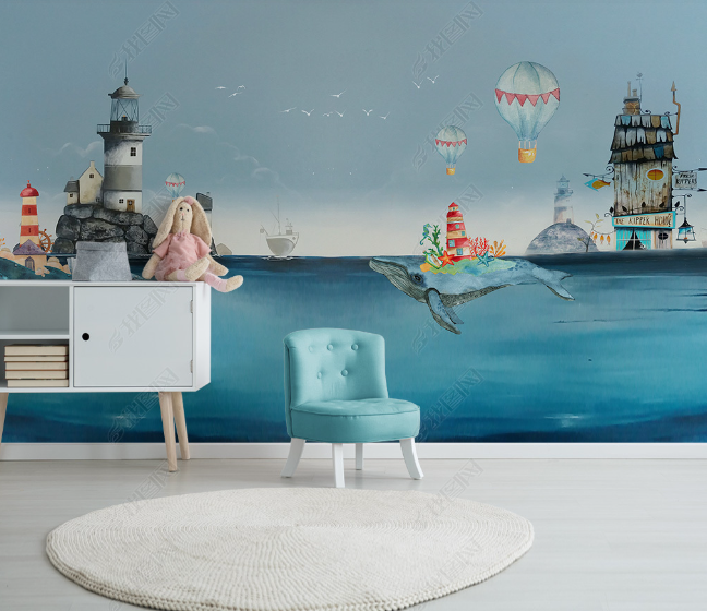 3D Watercolor Sea Whale Lighthouse Wall Mural Wallpaper Lqh 34