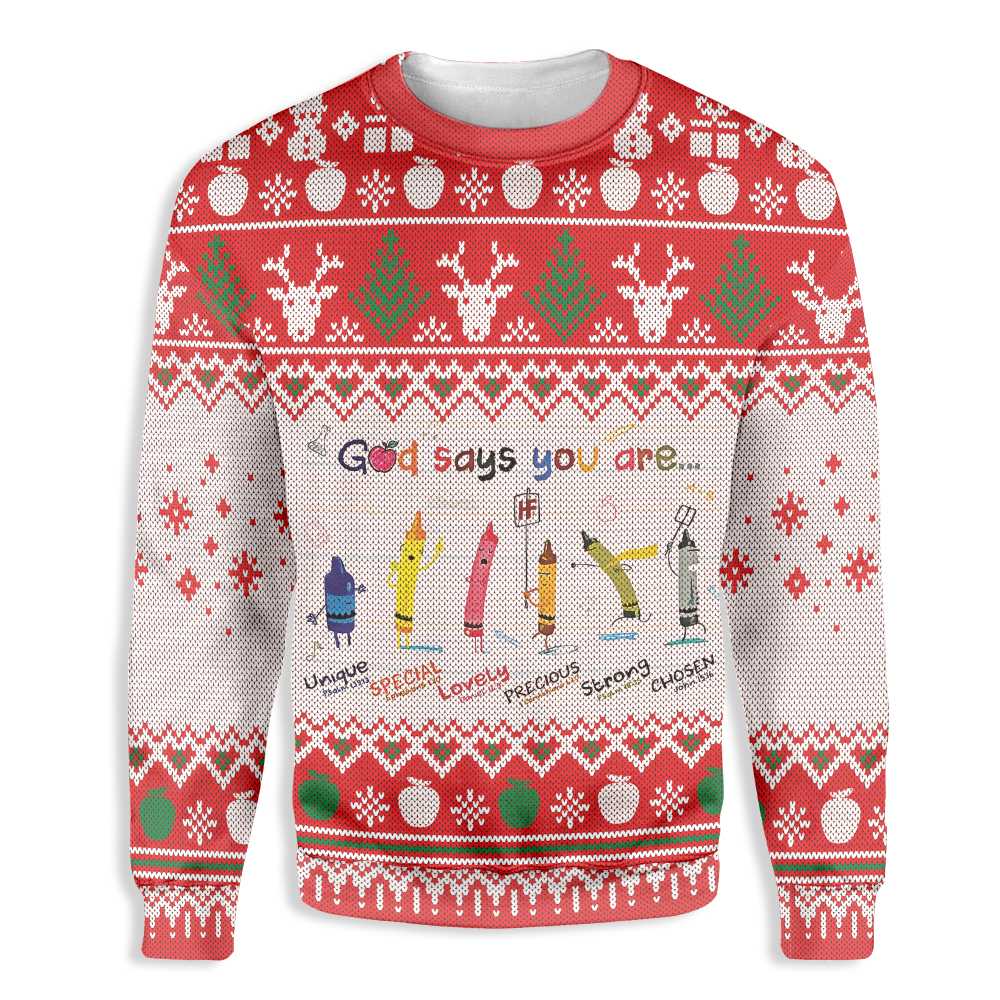 Unifinz Teacher Christmas Sweater God Says You Are Awesome Teacher Crayons White Ugly Sweater 2022