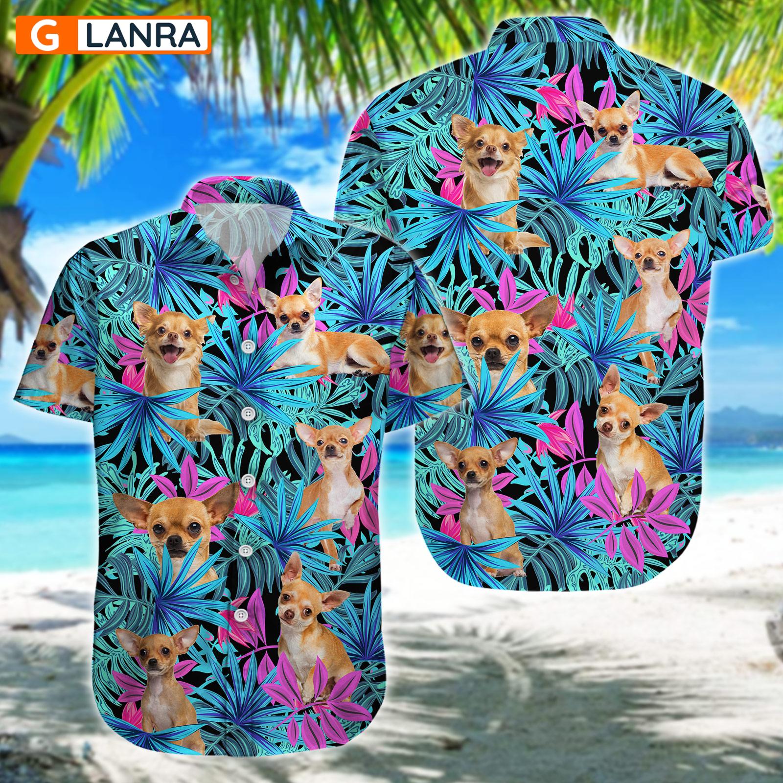 Chihuahua Palm Leaves Button Shirt, Chihuahua Dog Button Shirt, Summer Chihuahua Dog Hawaiian Shirt, Dog Leaf Hawaiian Shirt, Summer Tropical Shirt